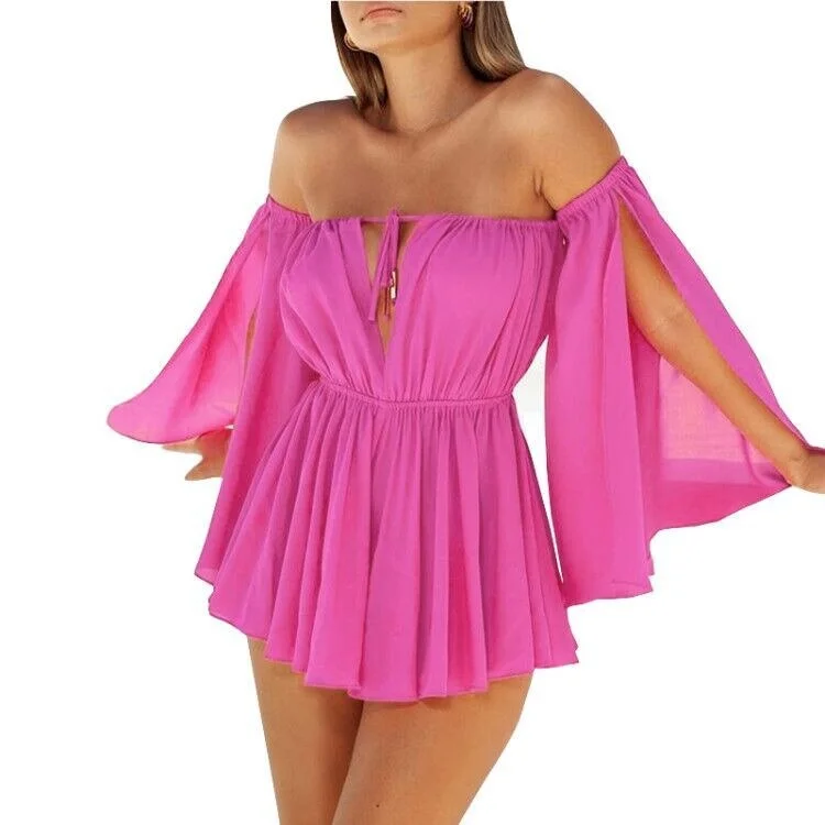 wsevypo Women Off-shoulder Halter Tie-up Dress Sexy Solid Long Slit Sleeve Mini Pleated Beach Dress Party Club Evening Wear