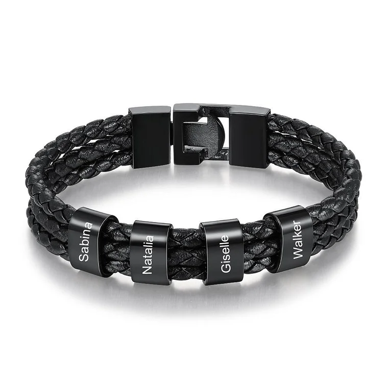 Pulsera de tres cueros trenzados 4 aros con 4 nombres personalizados pulsera de hombre