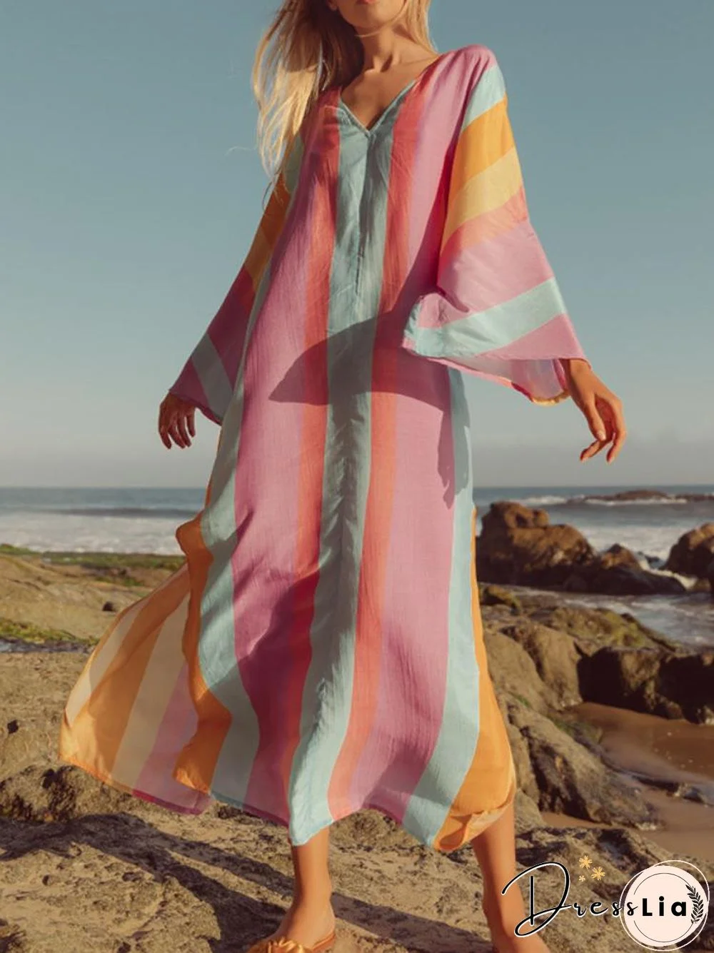 Colorful V Neck Printed Chiffon Vacation Dress