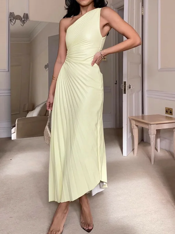 Asymmetric Drawstring Solid Color Sleeveless One-Shoulder Maxi Dresses