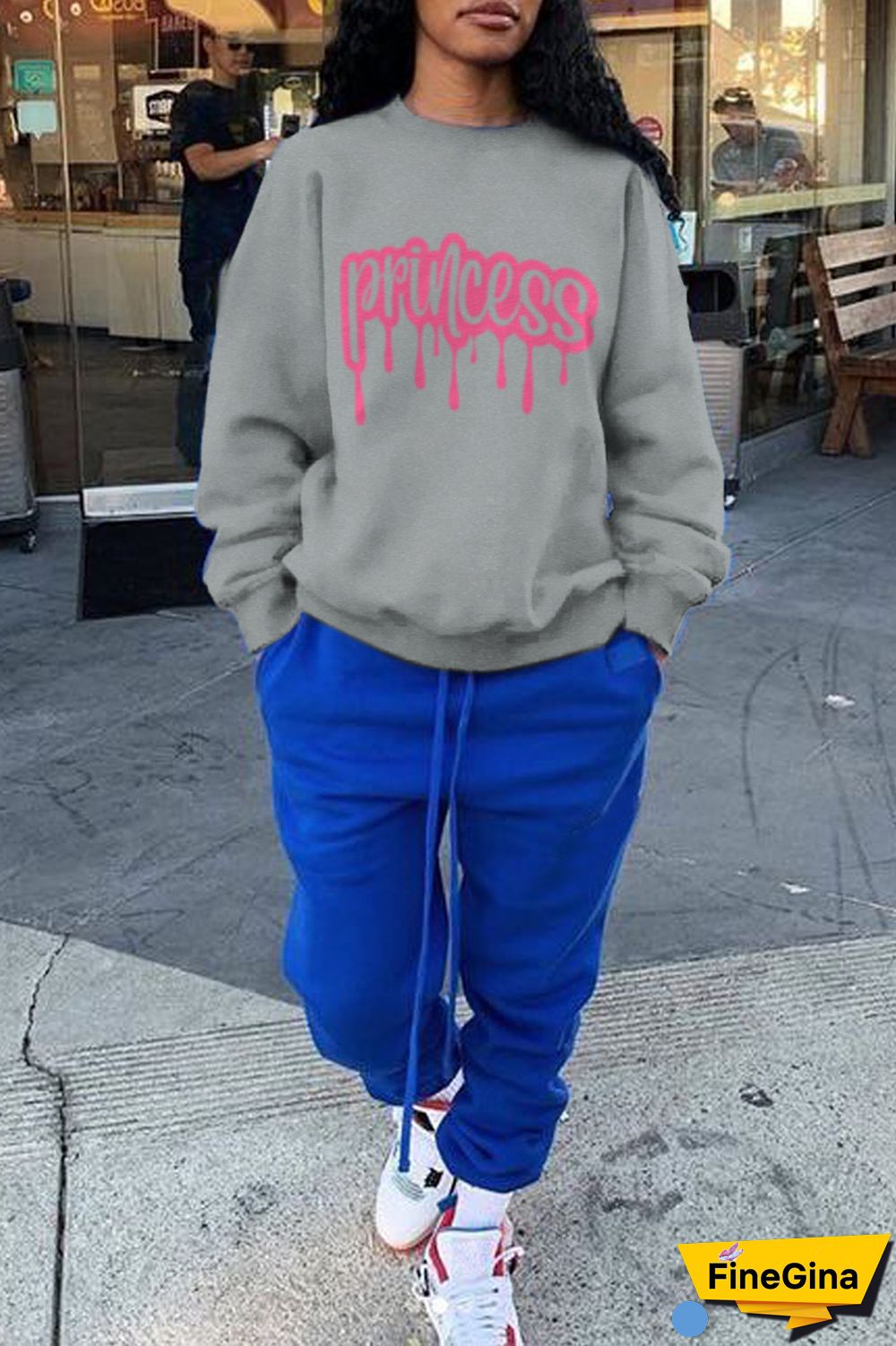 Grey Fashion Street Print Patchwork Letter O Neck Tops