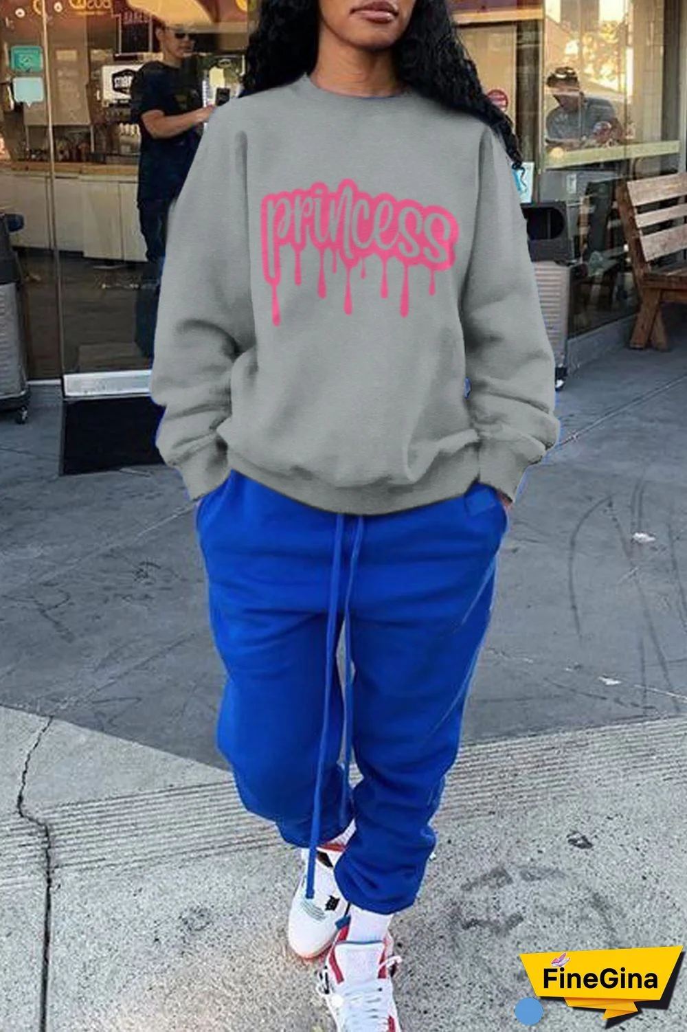 Grey Fashion Street Print Patchwork Letter O Neck Tops