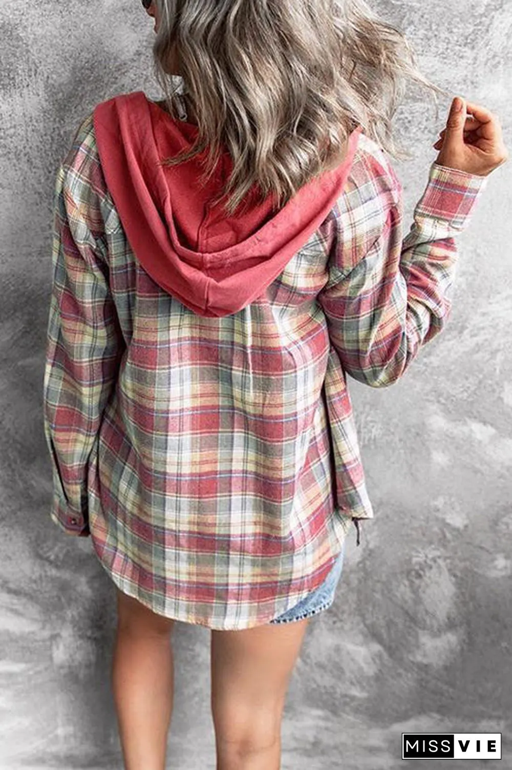 Flannel Plaid Button Down Hoodie Top