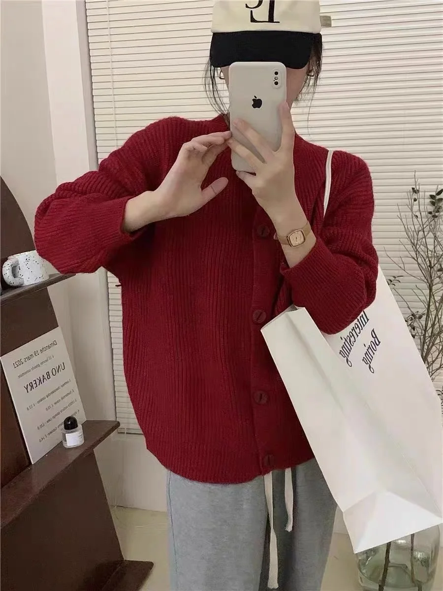 Athvotar Athvotar 2025 New Lazy Korean Sweater Cardigan Women's Soft Sheeps Pits Button Sweater Dark Grey