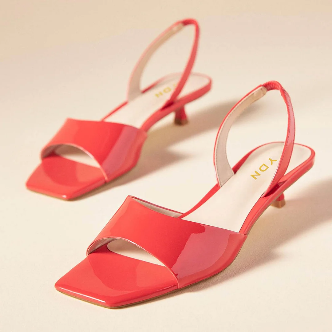 Women's Red Patent Leather Open Square Toe Slingback Kitten Heels
