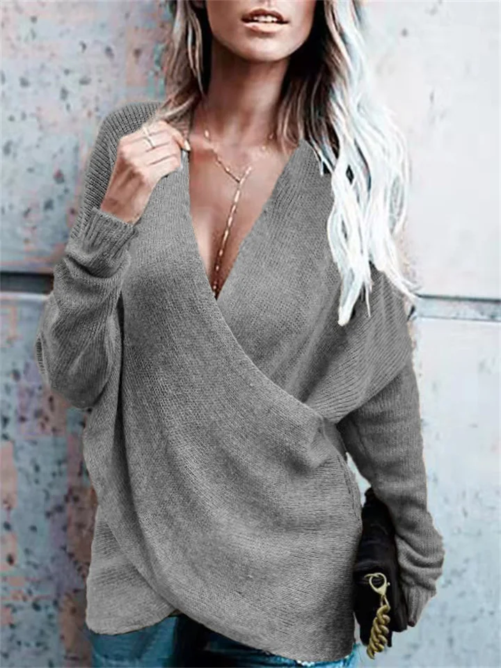 Gray V Neck Long Sleeve Sweater-Cosfine