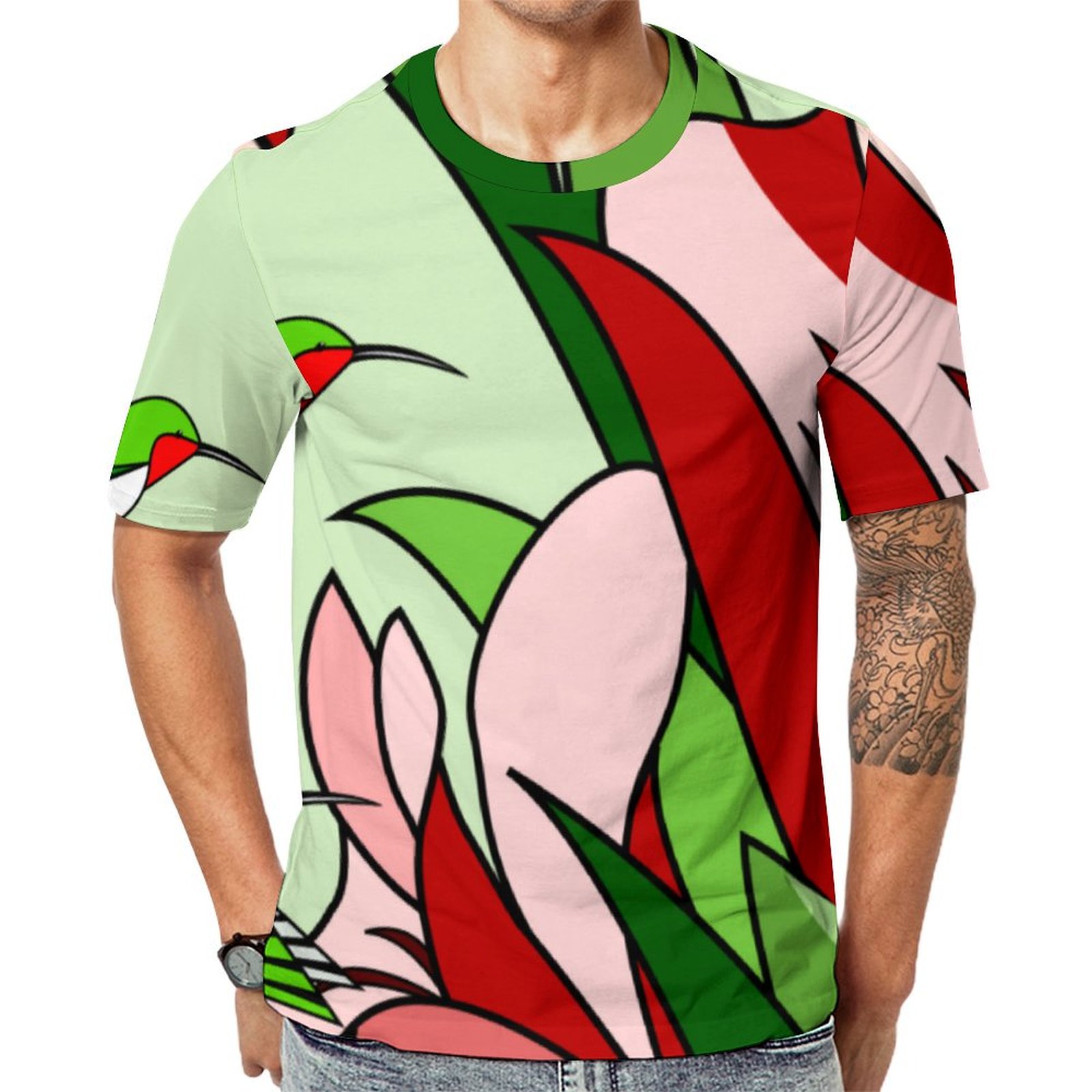 Pink Floral And Green Hummingbird Round Short Sleeve Print Unisex Tshirt Summer Casual Tees for Men and Women Coolcoshirts