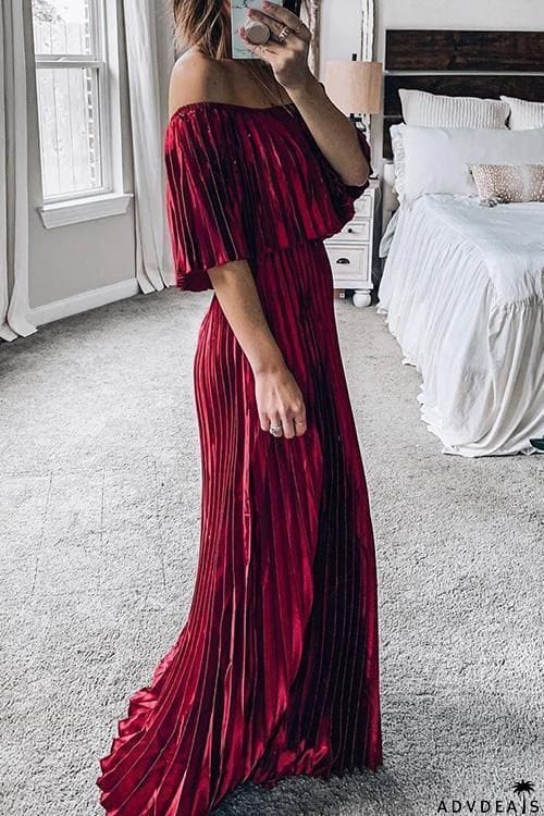 Off Shoulder Pleated Maxi Dress