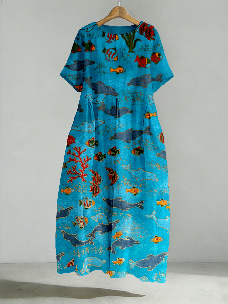 Vintage Underwater World Art Pattern Linen Maxi Dress wearshes
