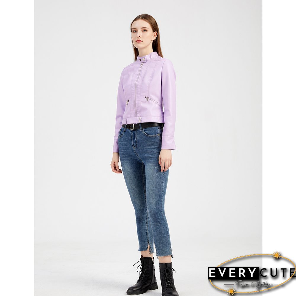 Light Purple PU Stand Collar Short Leather Jacket