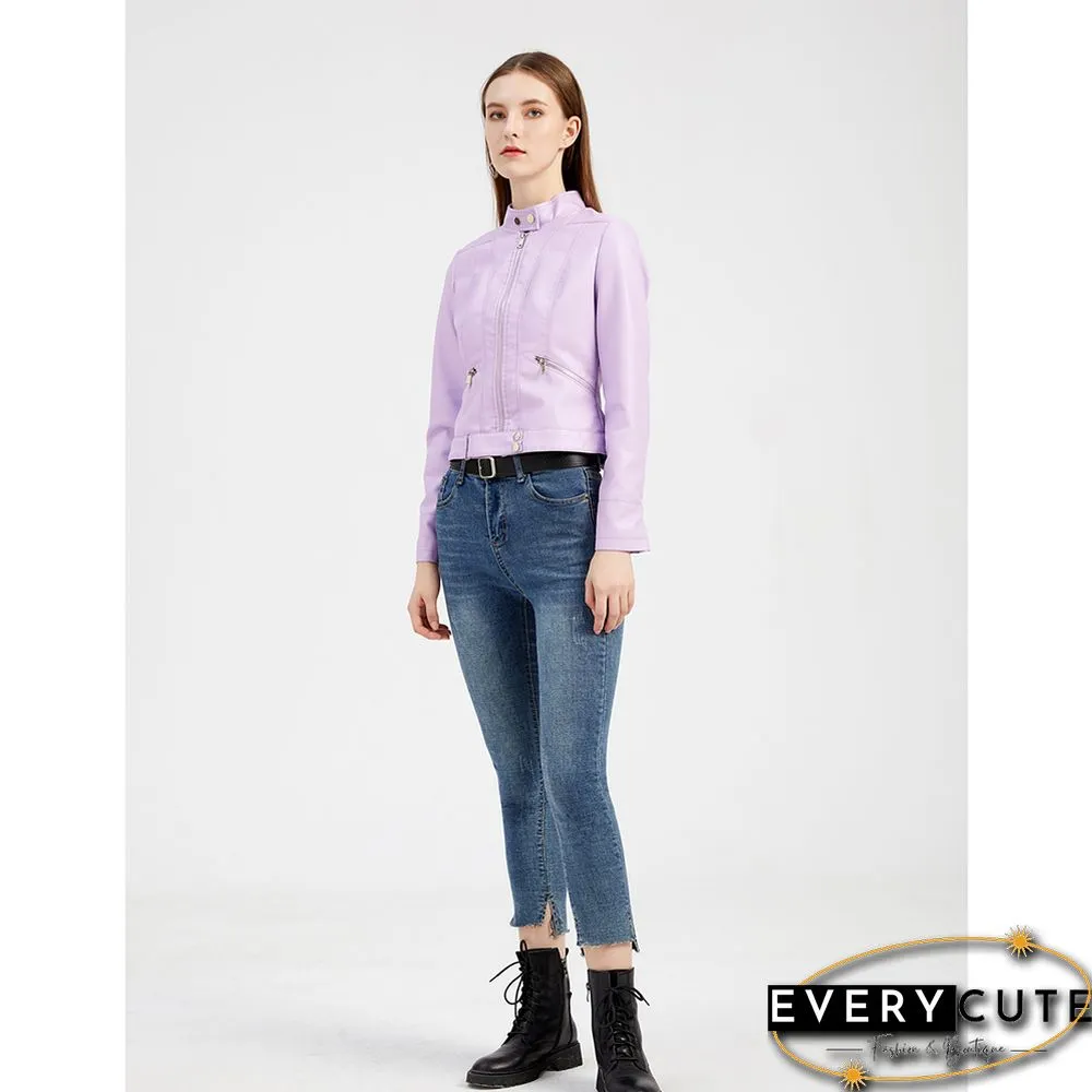 Light Purple PU Stand Collar Short Leather Jacket