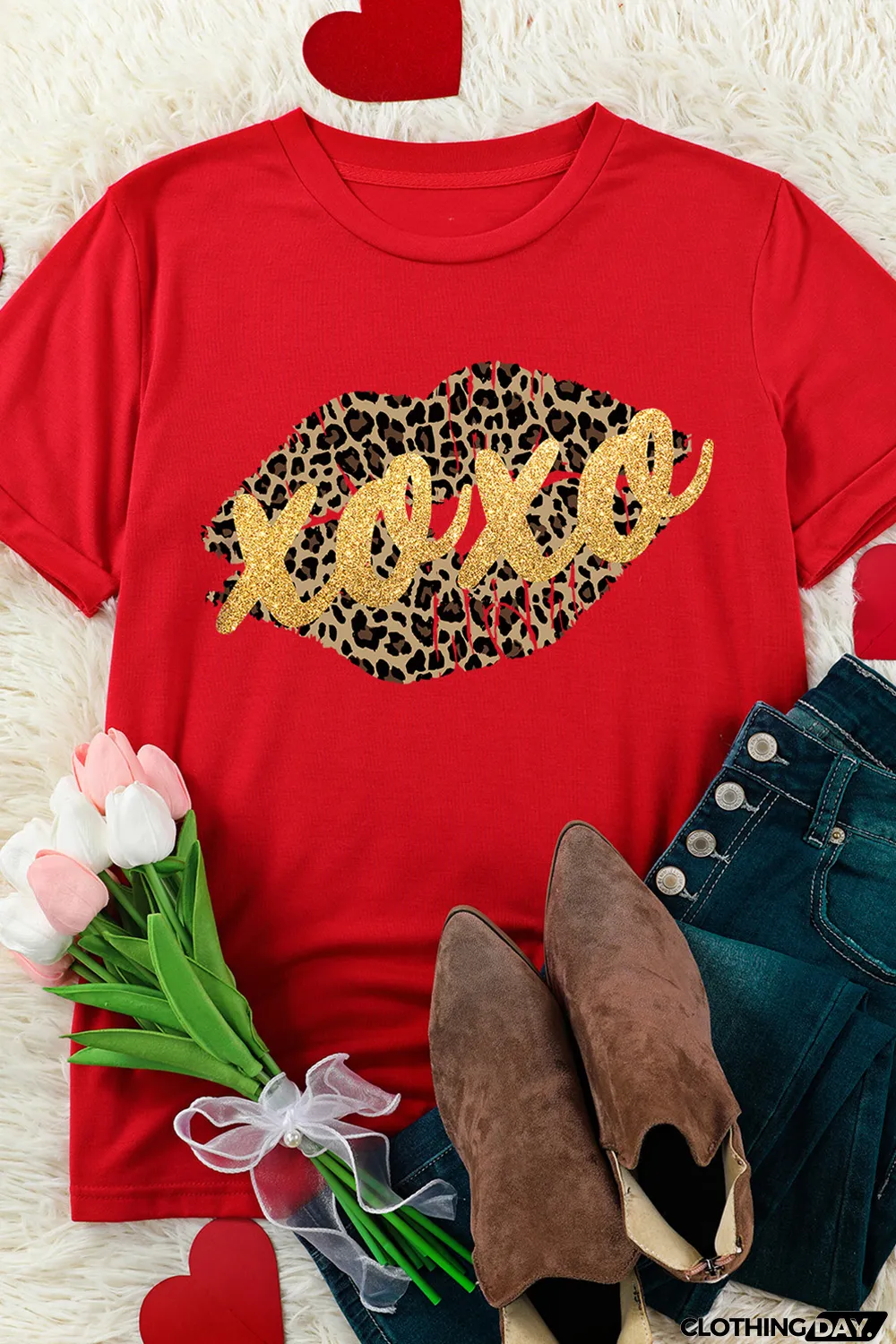 Red XOXO Leopard Lips Glitter Graphic Tee
