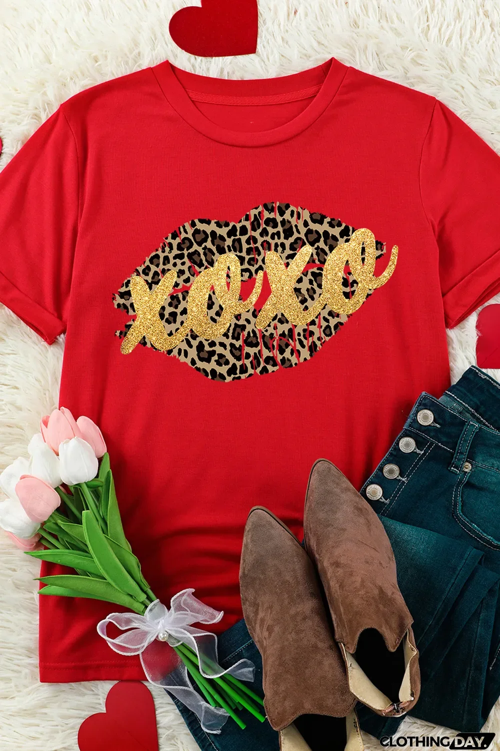 Red XOXO Leopard Lips Glitter Graphic Tee
