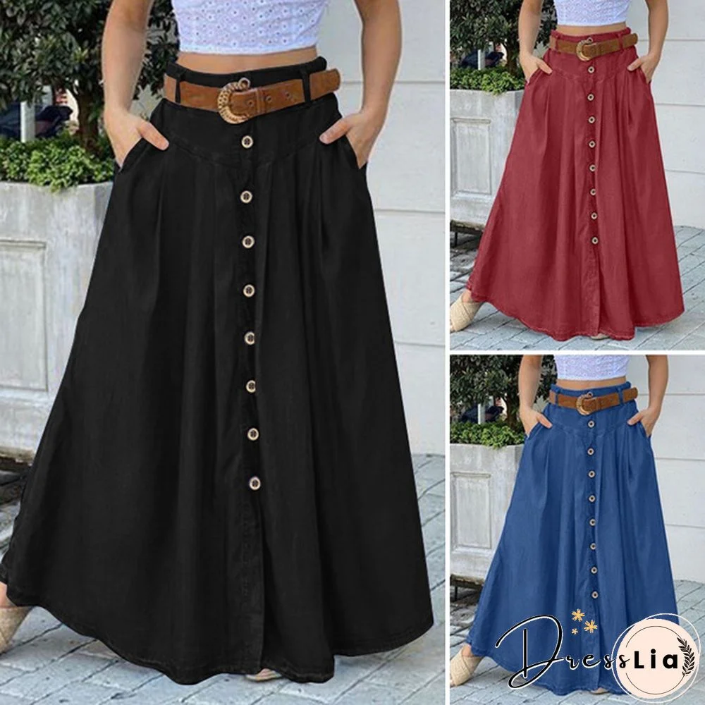 Summer Autumn Solid Skirts Vintage Casual Loose Elastic Waist Button Up Long Skirt