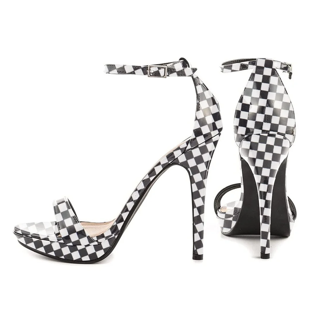 White & Black Plaid Open Toe Strappy Stiletto Heels with Platform