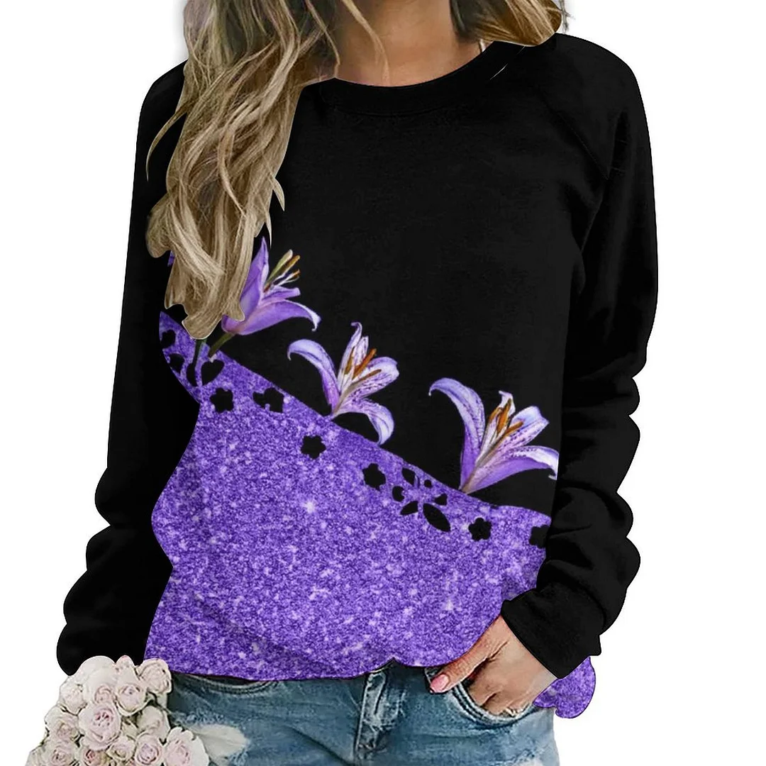 Printed Long Sleeve Casual Sweatshirt for  Women and Men Unisex Pattern Purple, Floral, Glitter