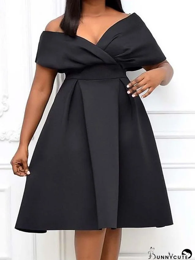 Plus Size Curve Party Dress Solid Color V Neck Short Sleeve Spring Fall Formal Prom Dress Knee Length Dress Party Vacation Dress / Party Dress for Women