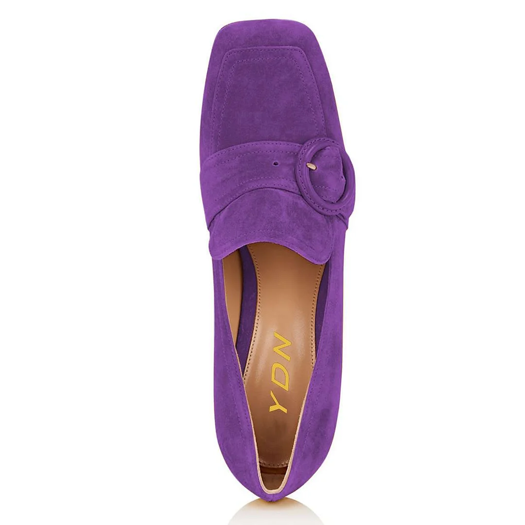 Vegan Suede Square Toe Round Buckle Chunky Heeled Loafers in Purple