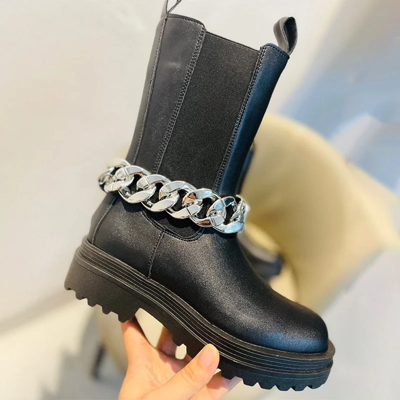 Women's Short Boots Black Removable Metal Chain Fashion Woman Ankle Boot Shoes Leather Platform Luxury Chelsea Boot Winter 2021