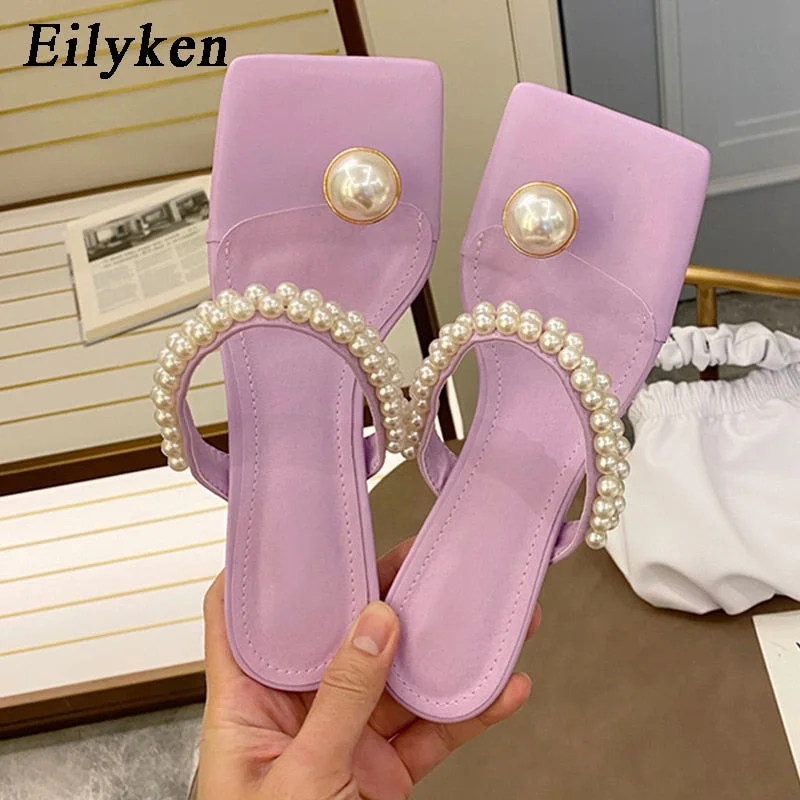 Eilyken Fashion String Bead Design Summer Slippers Flip Flops For Women Clip Toe Sandals Ladies Low Heel Party Dance Shoes