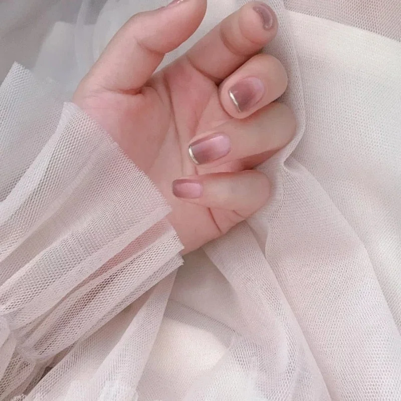 24pcs Glitter Metal Silver Side Short Cover acrylic press on nails with Glue Women Purple Gray Gradient Nude Color Fake Nail-Nail Inspo