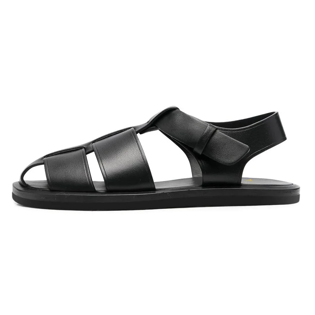 T-Strap Cut-Out Caged Round Toe Flat Black Sandals for Women