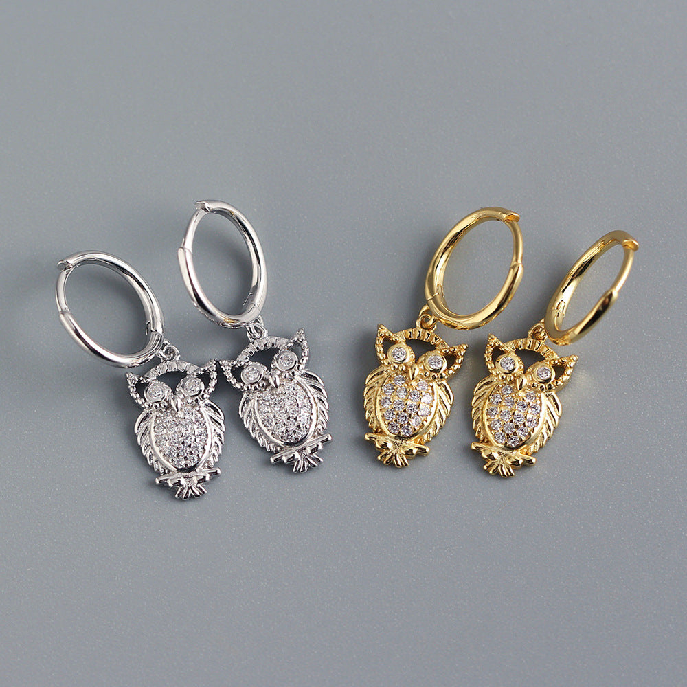 925 Sterling Silver Niche Owl Chinese Zodiac Animal Silver Diamond Inlay Stud Earrings
