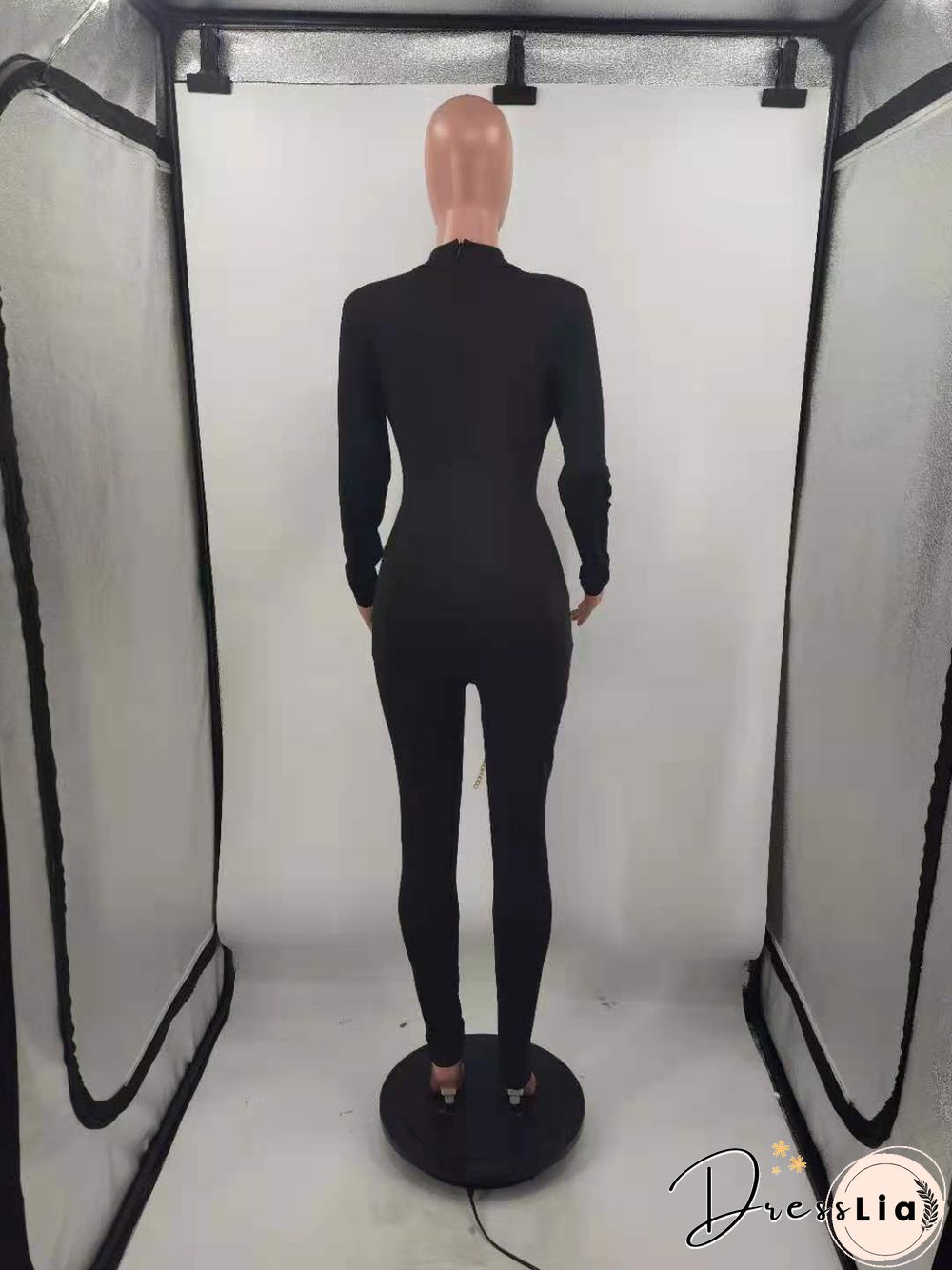 Hollow Out Cross Chain Lace Up Long Sleeve Jumpsuit