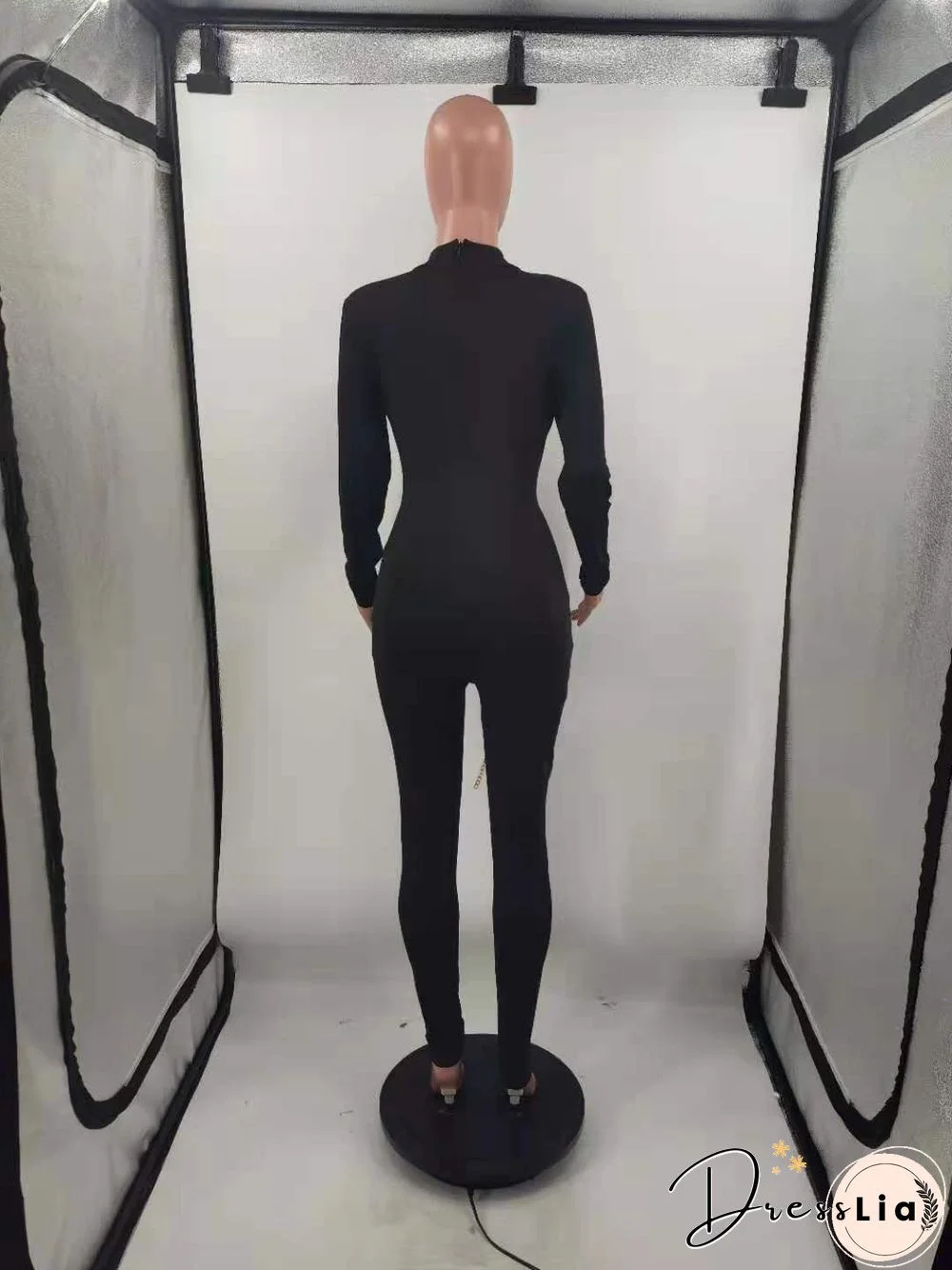 Hollow Out Cross Chain Lace Up Long Sleeve Jumpsuit