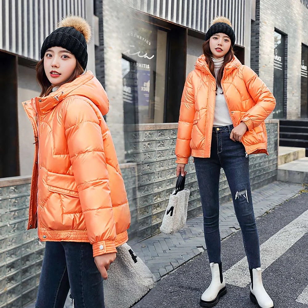 Brownm Short Style Cotton Padded Winter Jacket Women Casual Stand Collar Parkas Winter Coats Female Fashion Shiny Outwear