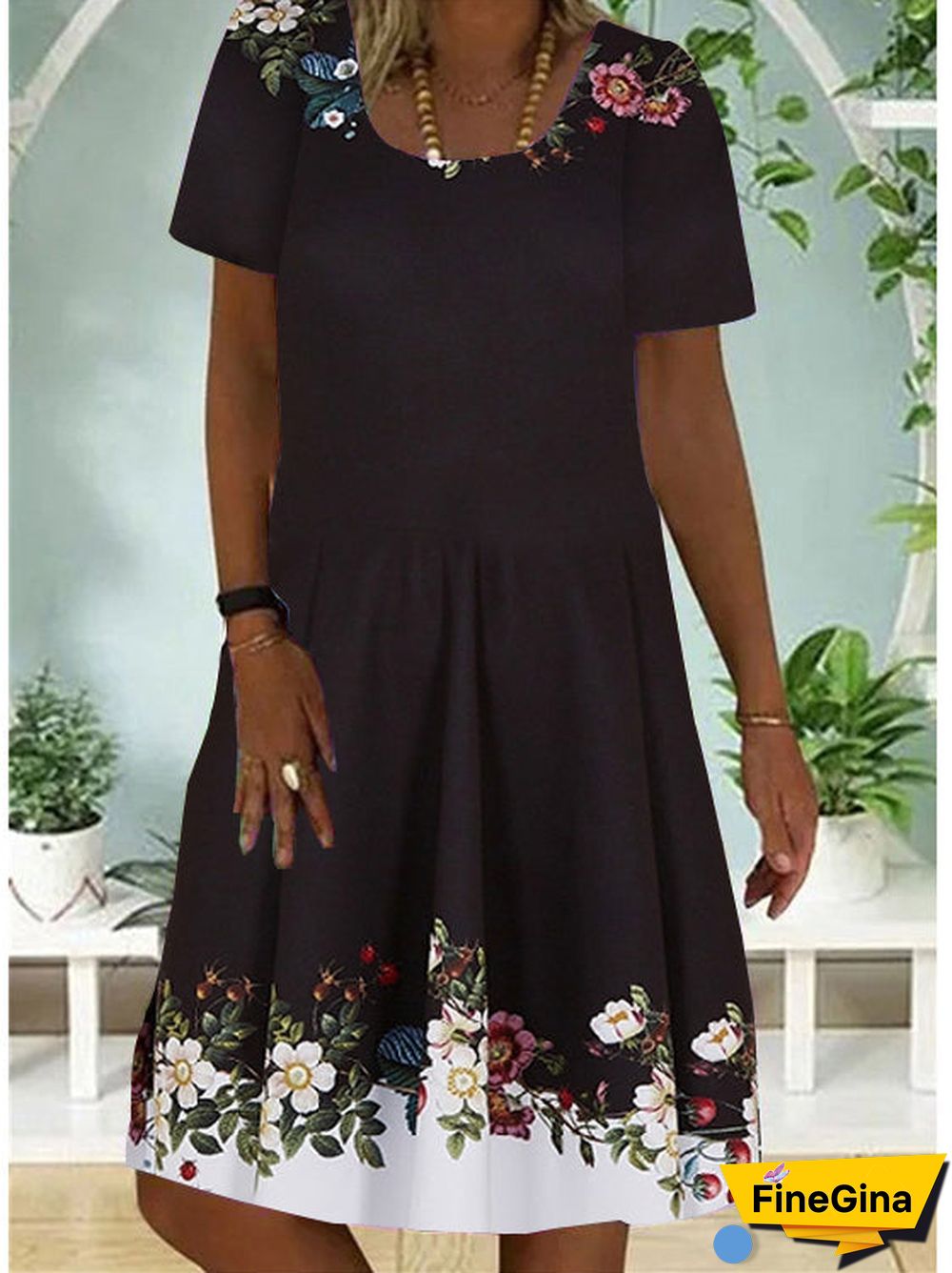 Women Fashion Round Neck Short Sleeve Floral Printed Stitching Midi Dress