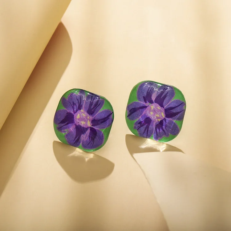 Resin Geometric Small Fresh Color Flower Square Earrings