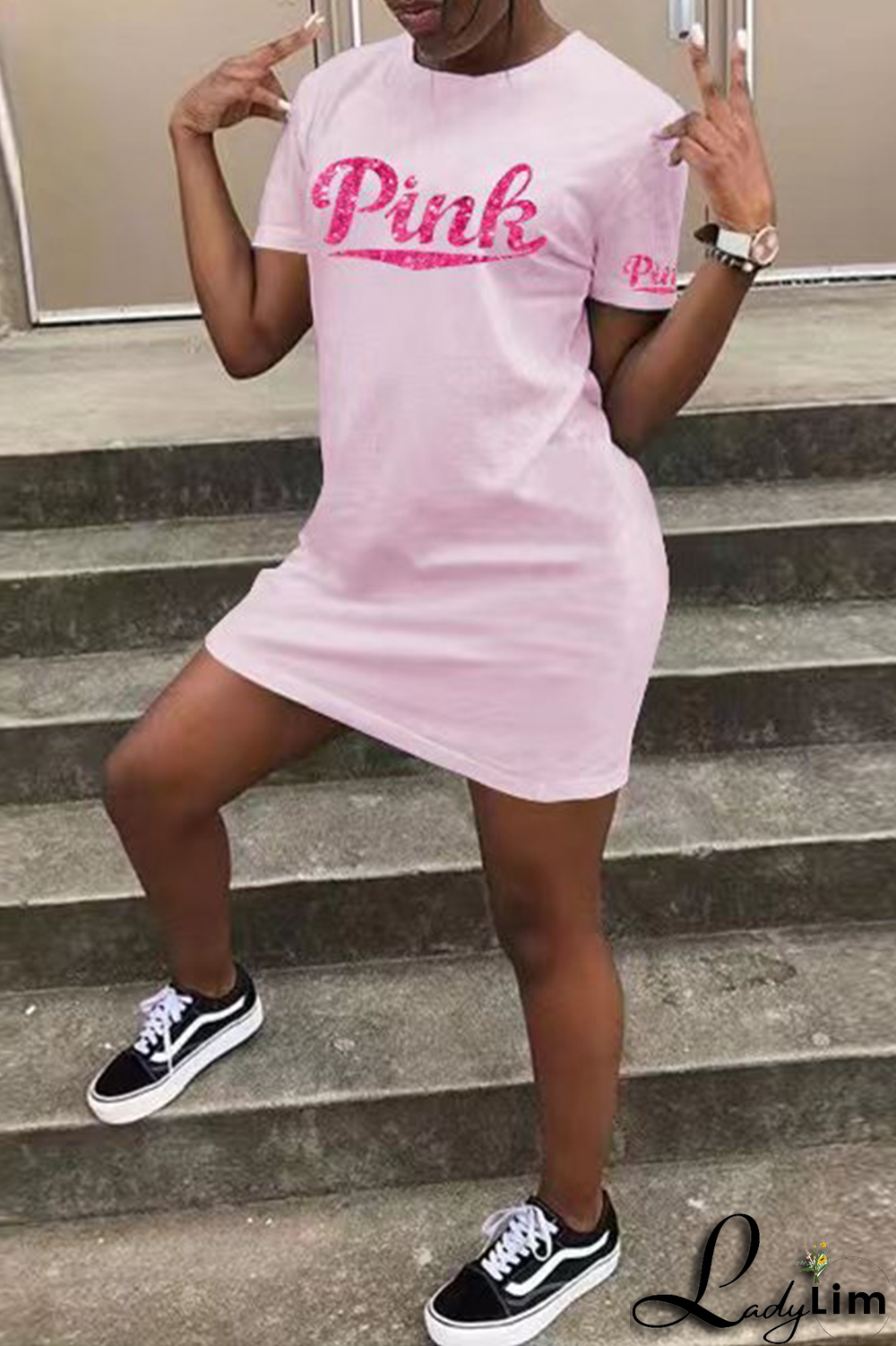 Pink Fashion Patchwork Sequins O Neck Pencil Skirt Dresses