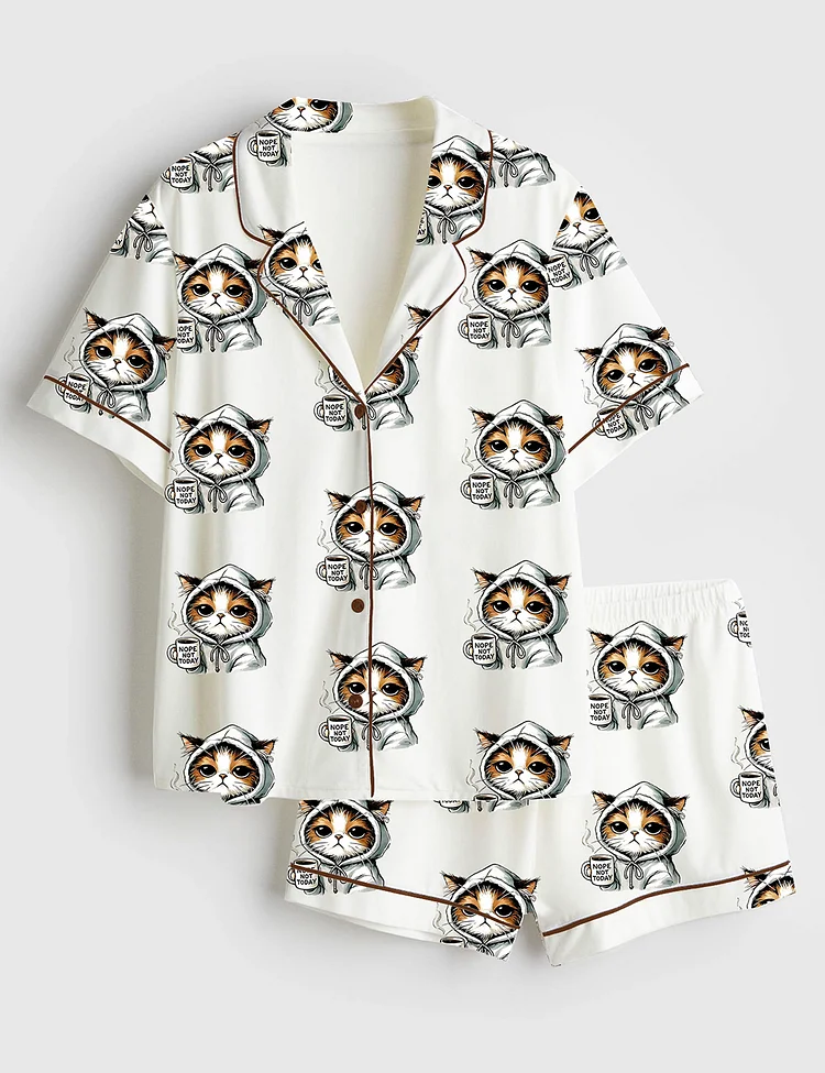 Women&rsquo;s Nope Not Today&nbsp;Cute Cat&nbsp;Funny&nbsp;Cats Lover Print Short Sleeve Satin Pajama Set