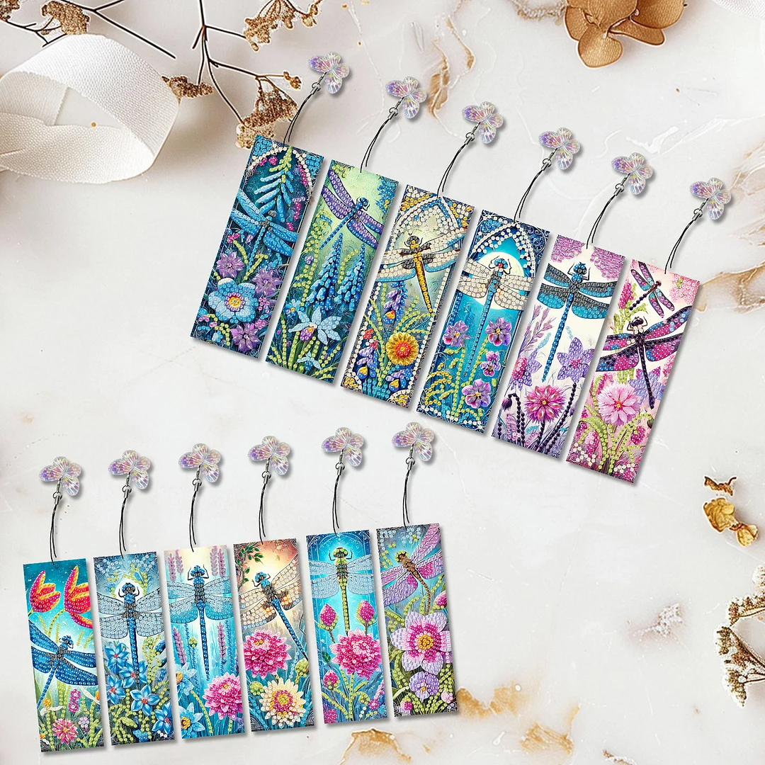 12Pcs Dragonflies Flowers DIY Diamond Art Painting Bookmark for Beginners Adult