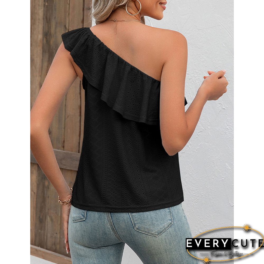 Black Ruffled One Shoulder Tank Tops