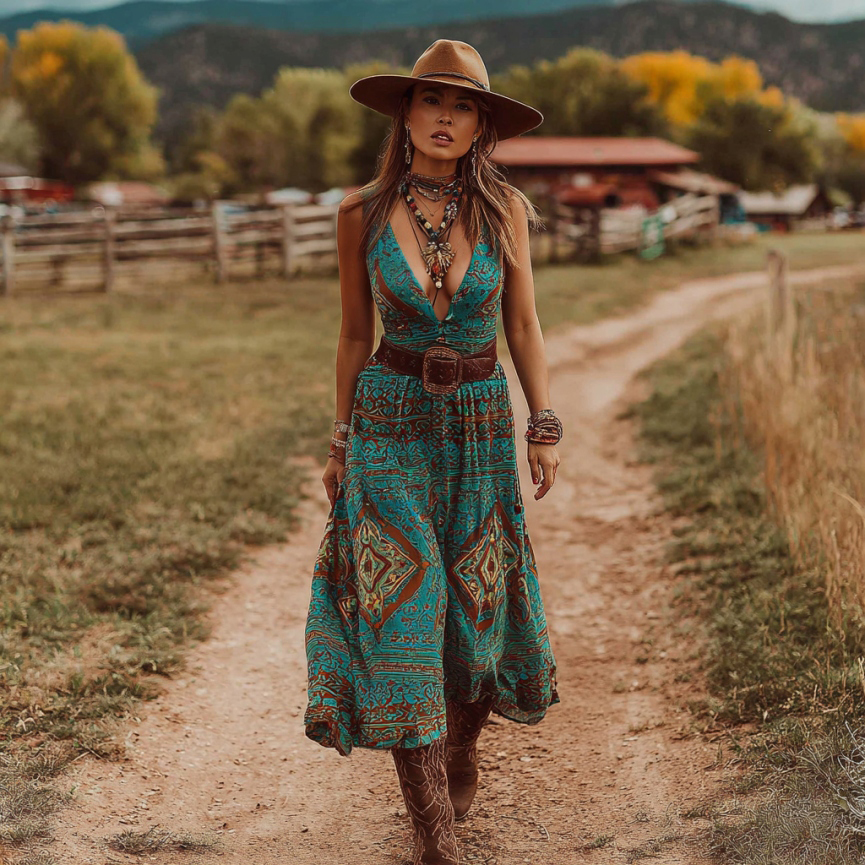 Women's Vintage Western Geometric Print V-neck Tank Midi Dress