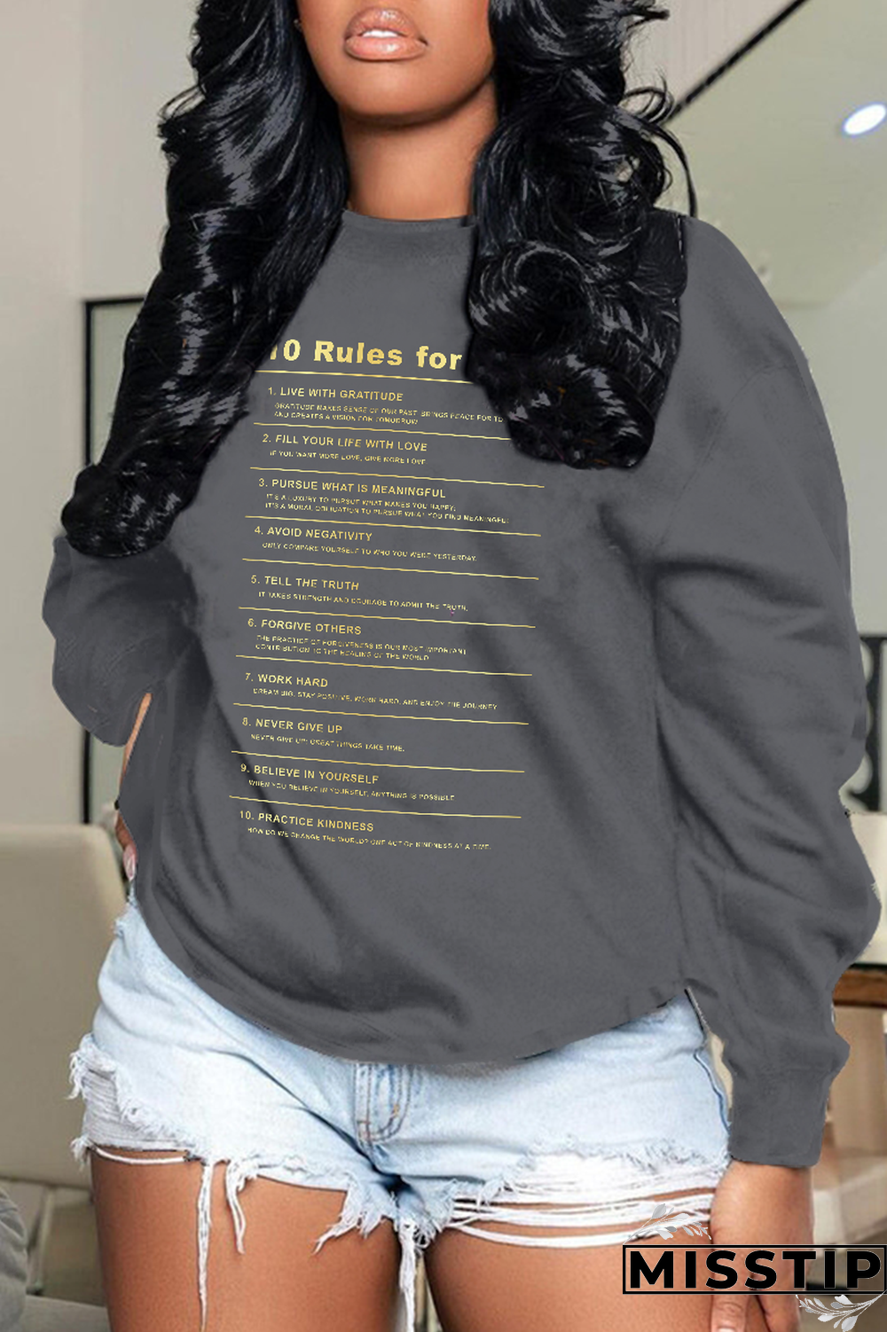 Blue Street Print Letter O Neck Tops