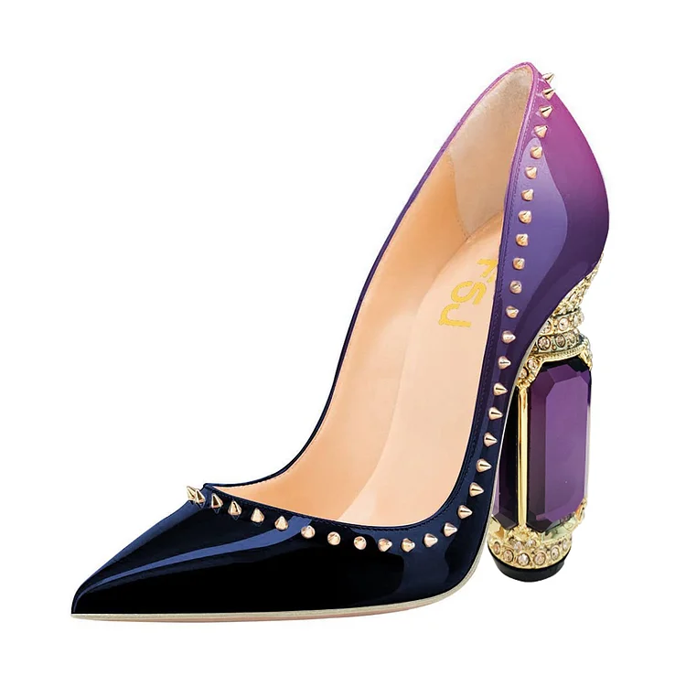 Purple Ombre Color Pumps Patent Leather Rivets Evening Shoes |FSJ Shoes