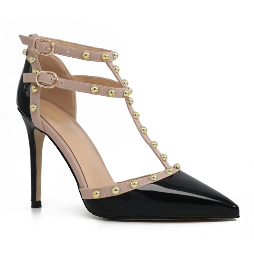 100mm Womens Pointed Toe Pumps Round Rivets Ankle Strap Sandals-vocosishoes