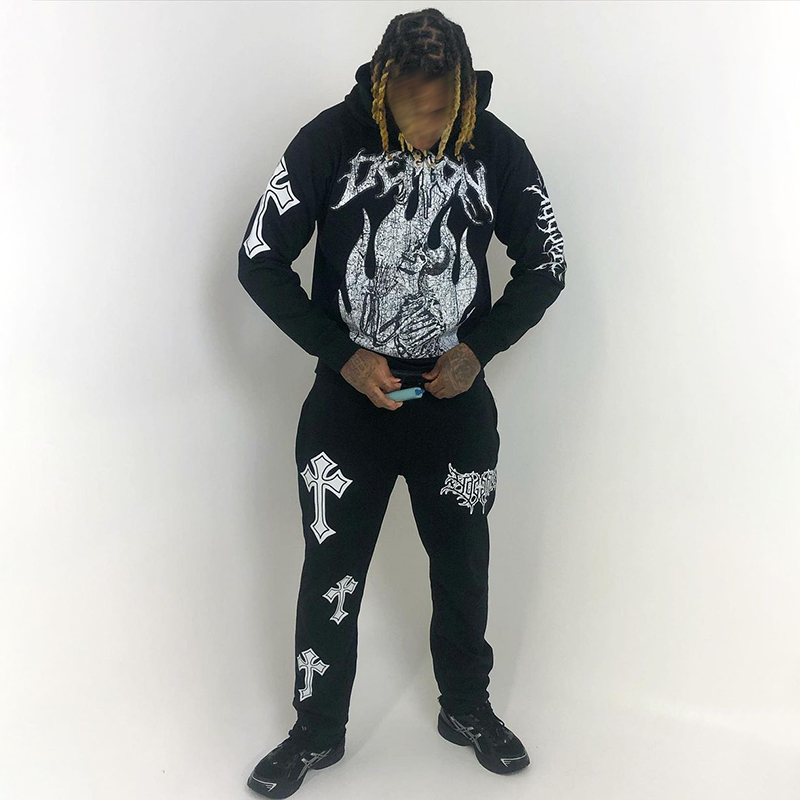 Trendy Printed Hip-Hop Hoodie + Flared Pants Two-Piece Set