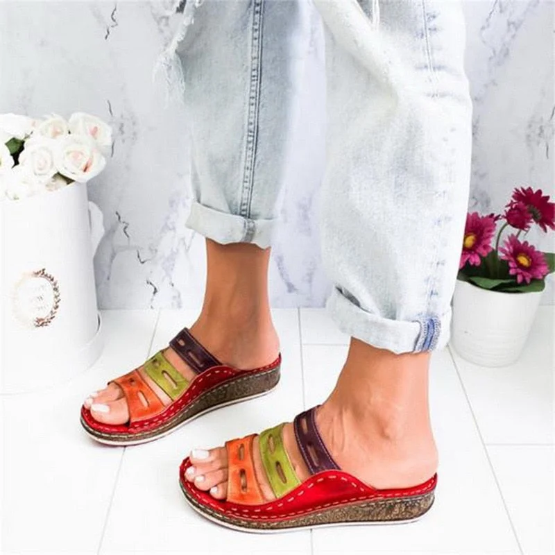 New Women Summer Orthopedic Sandals Women Car Line Slides Open Toe Sandals Breathable Leather Casual Female Platform Retro Shoe 530