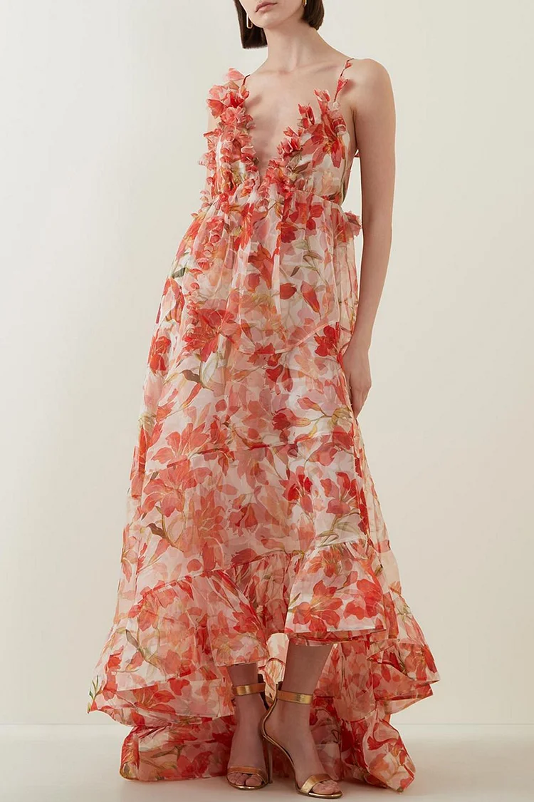 Evening Gown Pink Deep V Neck Floral Print Ruffle Backless Cami Maxi Dress
