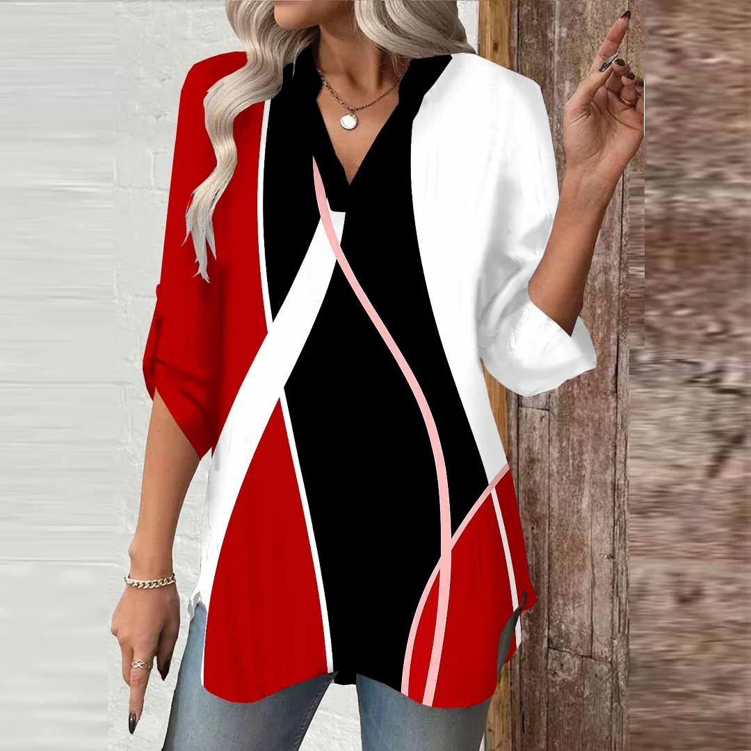 Women Geometric, Black, Red DZGA0660 3/4 Sleeve V-neck Printed Graphic Button Tops