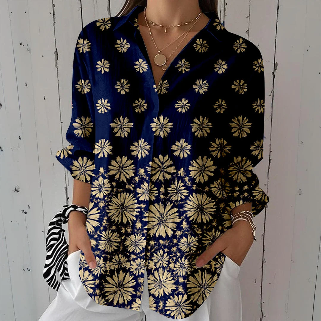 Style & Comfort for Mature Women Women Floral, Blue DZCL0043 3/4 Sleeve Shirt Collar Printed Button Tops