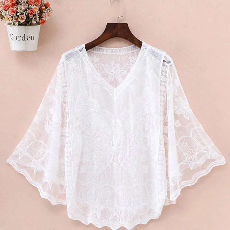 Huiketi Lace White Shirt Woman Summer 2023 Flare Sleeve Elegant Blouse Women Blusas Casual O-neck Tops Female Clothing 25897