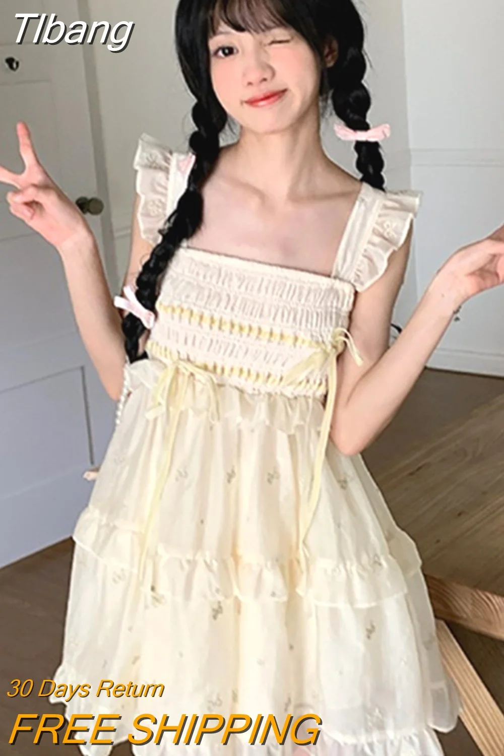 Tlbang Chiffon Vintage Sweet Dress Women Flying Sleeve Lolita Kawaii Mini Dress Female Ruffles Korean Fahsion Cute Dress 2023