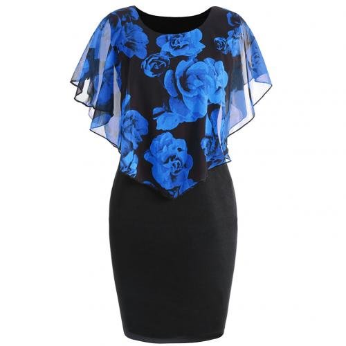 Plus Size Womens Dress Elegant Office Lady Rose Flower Print Cape Bodycon Knee Length Dress - BlackFridayBuys