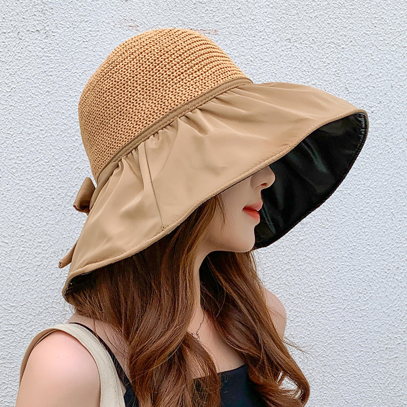 Hollow Straw Hat Splicing Big Eaves Bow Sun-Protection Fisherman Hat