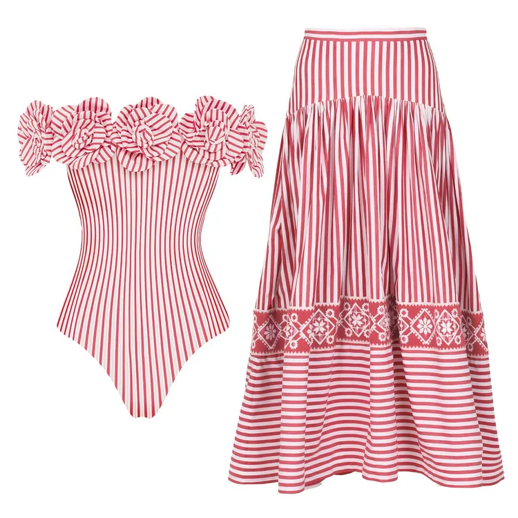 One Shoulder 3D Flower One Piece Swimsuit and Skirt